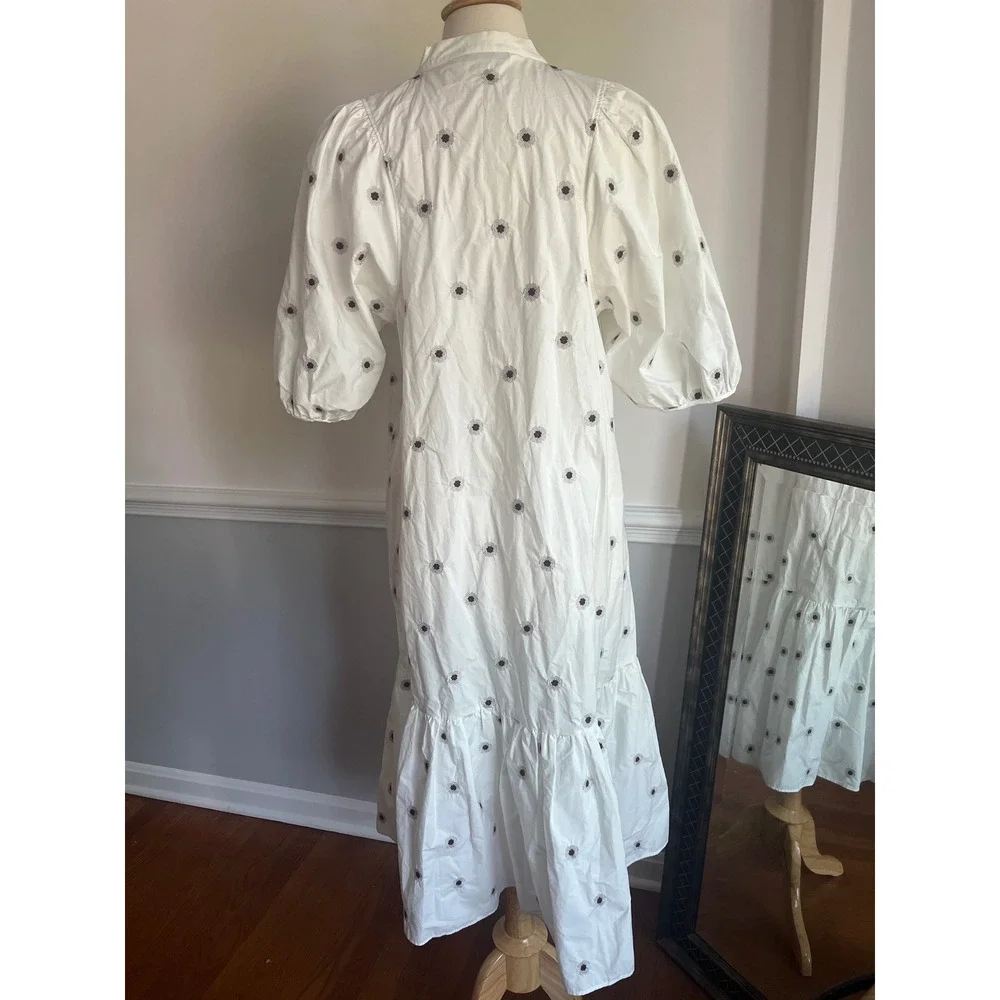 Zara White Poplin Ruffled Midi Dress Medium White Embroidered Floral - Picture 5 of 9